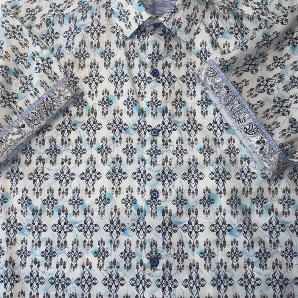 Robert Graham Mens Shirt Medium Teal Pattern Button‎ Front Flip Cuff